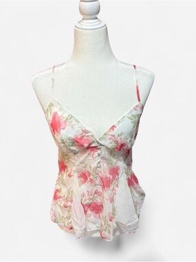 Floral Lace-Trim Spaghetti Strap Cami - Pink/White